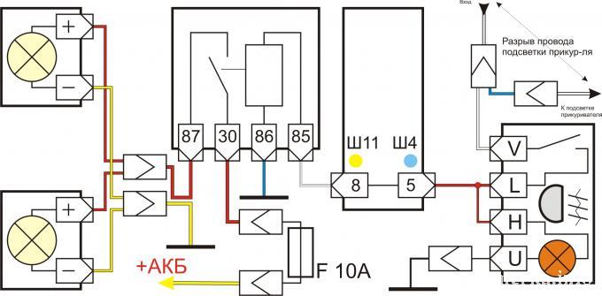 Схема подключения противотуманных фонарей ПТФ к ваз-2105, 2107 и 2104