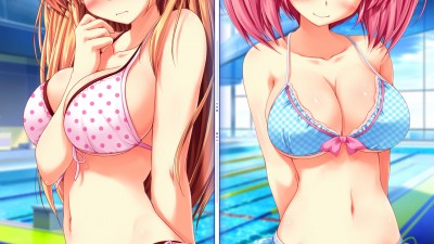 Konachan.com - 119715 2girls bikini blonde_hair blush breasts cleavage clochette game_cg hayase_manami himekawa_fuuka long_hair navel pink_hair pool short_hair swimsuit.jpg
